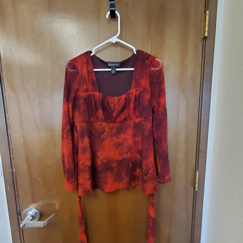 INC International Concepts Petite Red & Black Print Mesh Long Sleeve Size M